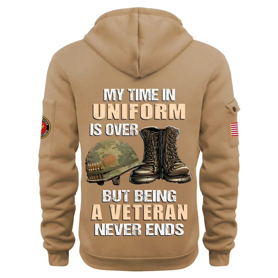 Personalized Name Color Khaki My Time In Uniform Is Over  U.S. Marine Corps Veteran Hoodie Half Zipper