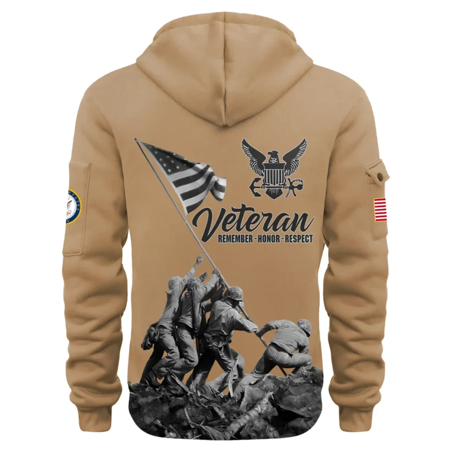 Personalized Name Color Khaki Veteran Remember Honor Respect U.S. Navy Veteran Hoodie Half Zipper