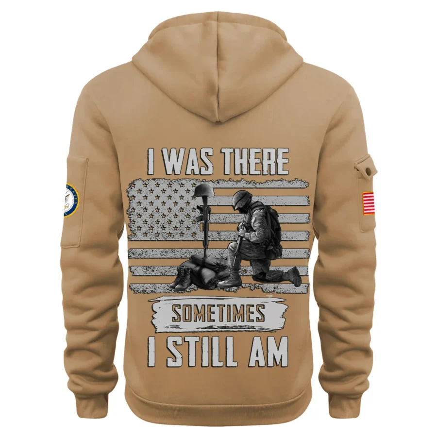 Personalized Name Color Khaki I Was There Sometimes I Still Am U.S. Navy Veteran Hoodie Half Zipper