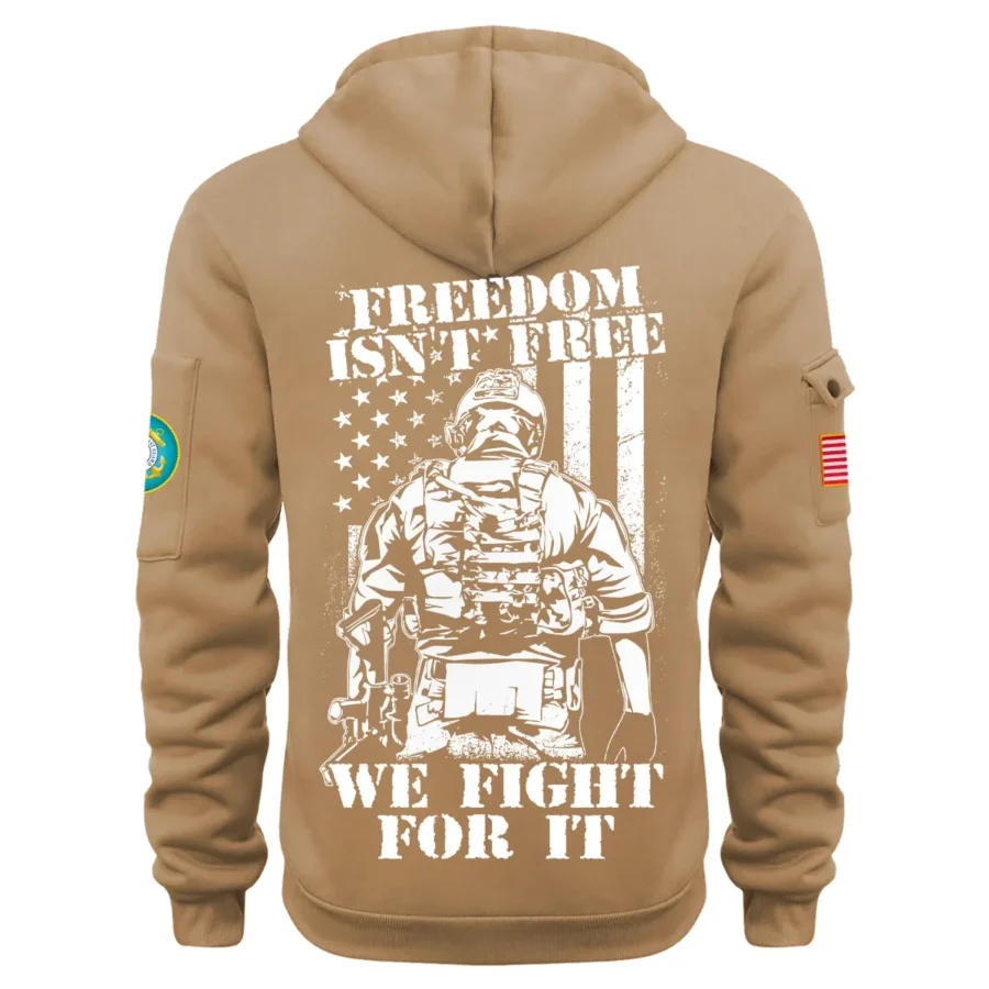 Personalized Name Color Khaki Freedom Isnt Free We Fight For It U.S. Coast Guard Veteran Hoodie Half Zipper