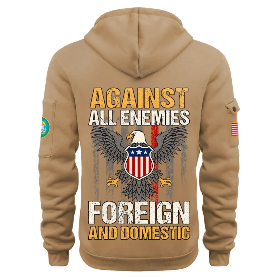 Personalized Name Color Khaki Against All Enemies Foreign And Domestic U.S. Coast Guard Veteran Hoodie Half Zipper