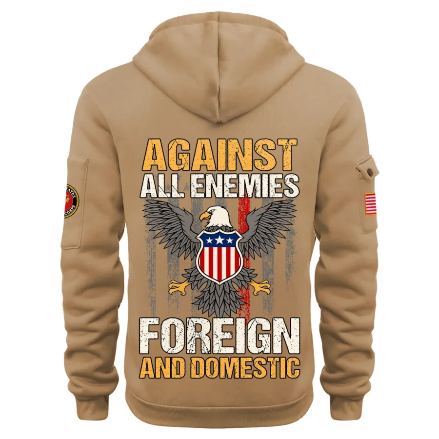 Personalized Name Color Khaki Against All Enemies Foreign And Domestic U.S. Marine Corps Veteran Hoodie Half Zipper