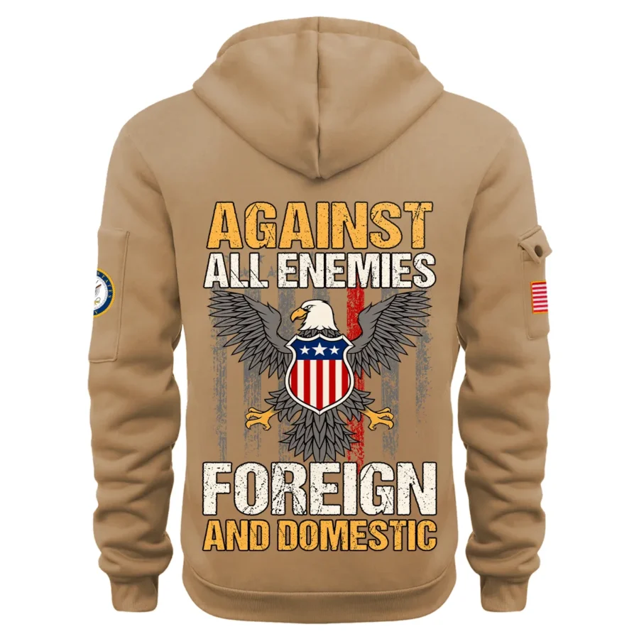 Personalized Name Color Khaki Against All Enemies Foreign And Domestic U.S. Navy Veteran Hoodie Half Zipper