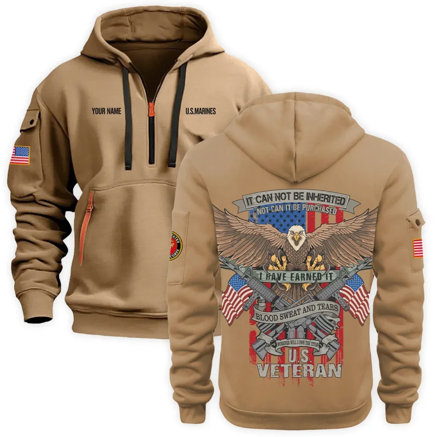 Personalized Name Color Khaki It CanNot Be Inherited U.S. Marine Corps Veteran Hoodie Half Zipper