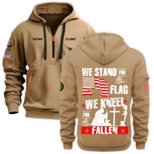 Personalized Name Color Black We Stand For The Flag U.S. Army Veteran Hoodie Half Zipper