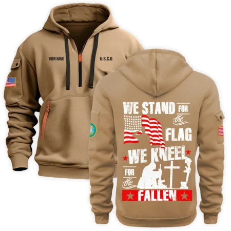 Personalized Name Color Khaki We Stand For The Flag U.S. Coast Guard Veteran Hoodie Half Zipper