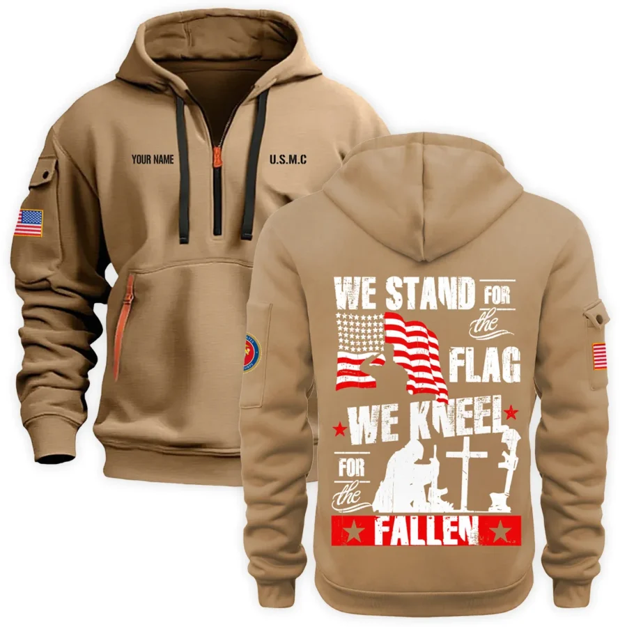 Personalized Name Color Khaki We Stand For The Flag U.S. Marine Corps Veteran Hoodie Half Zipper