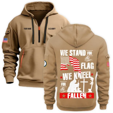Personalized Name Color Khaki We Stand For The Flag U.S. Navy Veteran Hoodie Half Zipper