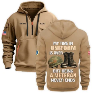 Personalized Name Color Gray My Time In Uniform Is Over  U.S. Air Force Veteran Hoodie Half Zipper