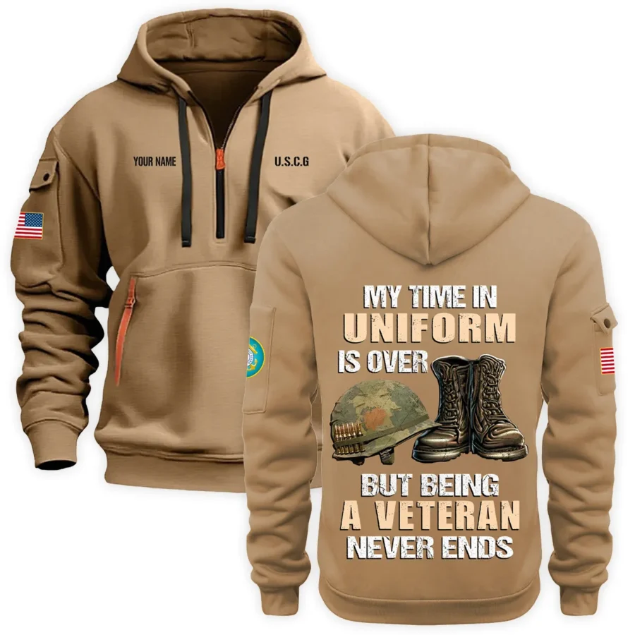 Personalized Name Color Khaki My Time In Uniform Is Over  U.S. Coast Guard Veteran Hoodie Half Zipper