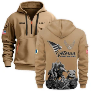 Personalized Name Color Gray Veteran Remember Honor Respect U.S. Air Force Veteran Hoodie Half Zipper