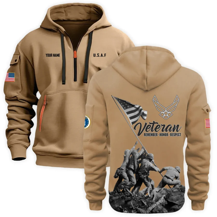 Personalized Name Color Khaki Veteran Remember Honor Respect U.S. Air Force Veteran Hoodie Half Zipper