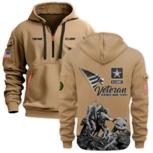 Personalized Name Color Gray Veteran Remember Honor Respect U.S. Army Veteran Hoodie Half Zipper