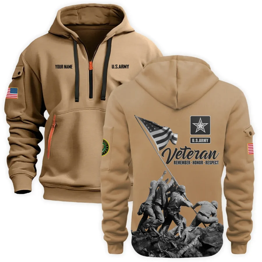 Personalized Name Color Khaki Veteran Remember Honor Respect U.S. Army Veteran Hoodie Half Zipper