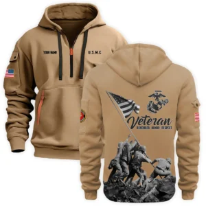 Personalized Name Color Black Veteran Remember Honor Respect U.S. Marine Corps Veteran Hoodie Half Zipper