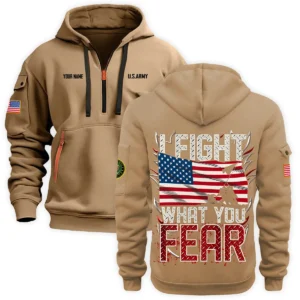 Personalized Name Color Black I Fight What You Fear U.S. Army Veteran Hoodie Half Zipper