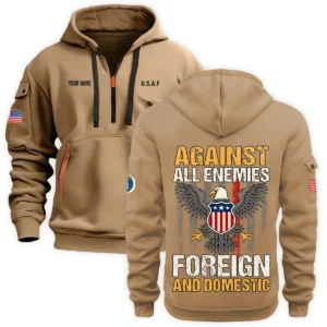 Personalized Name Color Black Against All Enemies Foreign And Domestic U.S. Air Force Veteran Hoodie Half Zipper