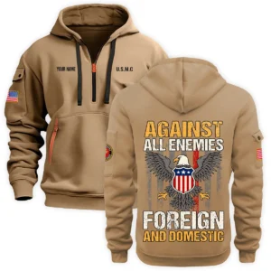 Personalized Name Color Black Against All Enemies Foreign And Domestic U.S. Marine Corps Veteran Hoodie Half Zipper