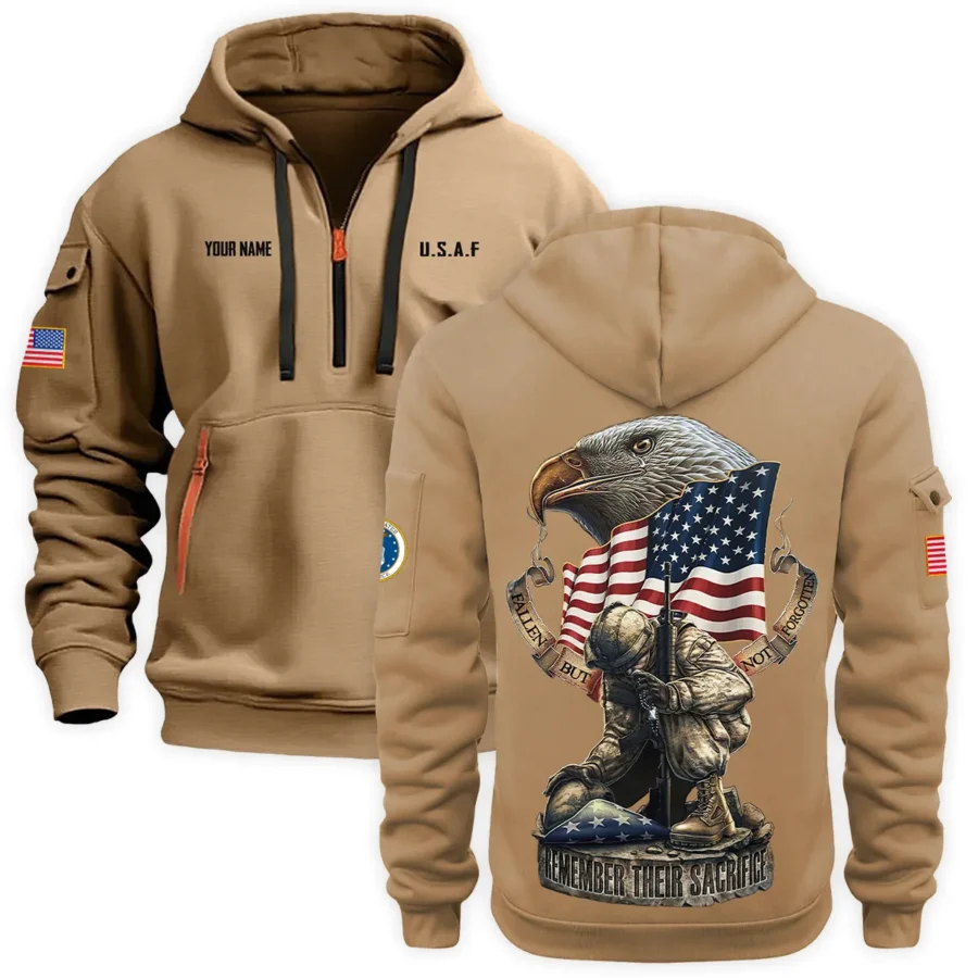 Personalized Name Color Khaki Fallen But Not Forgotten Remember Their Sacrifice U.S. Air Force Veteran Hoodie Half Zipper