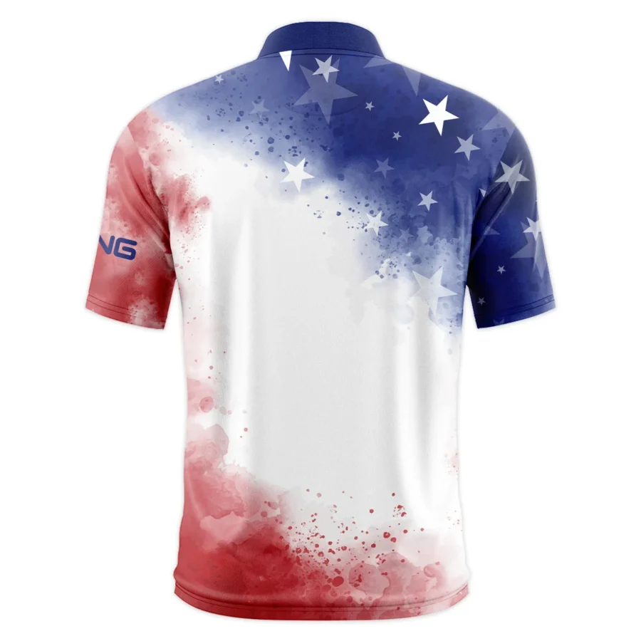 124th U.S. Open Pinehurst Ping Blue Red Watercolor Star White Backgound Style Classic, Short Sleeve Round Neck Polo Shirt