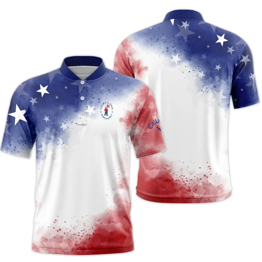 124th U.S. Open Pinehurst Callaway Blue Red Watercolor Star White Backgound Style Classic, Short Sleeve Round Neck Polo Shirt