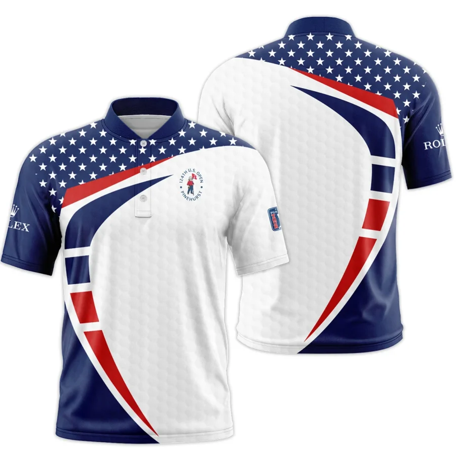 Blue Red Golf Pattern Star White 124th U.S. Open Pinehurst Rolex Style Classic, Short Sleeve Round Neck Polo Shirt