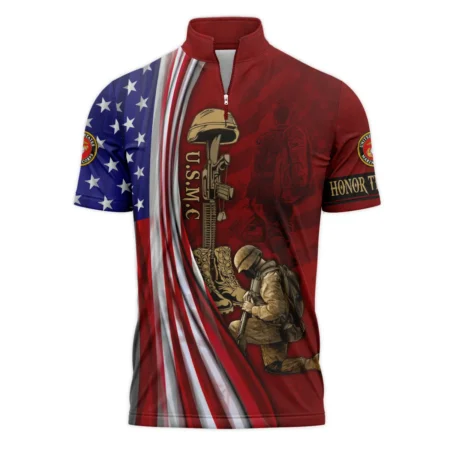 Veteran Us Flag Honor The Fallen U.S. Marine Corps Veterans All Over Prints Quarter-Zip Polo Shirt