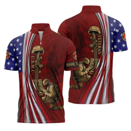 Veteran Us Flag Honor The Fallen U.S. Marine Corps Veterans All Over Prints Quarter-Zip Polo Shirt
