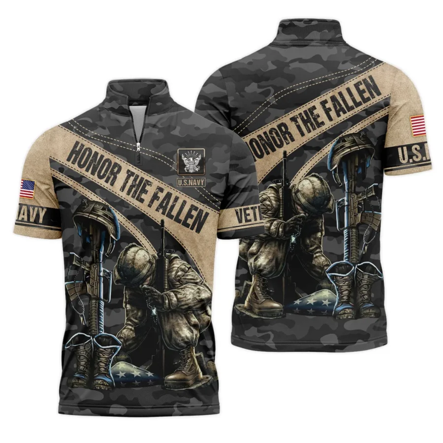 Veteran Camo Honor The Fallen U.S. Navy Veterans All Over Prints Quarter-Zip Polo Shirt