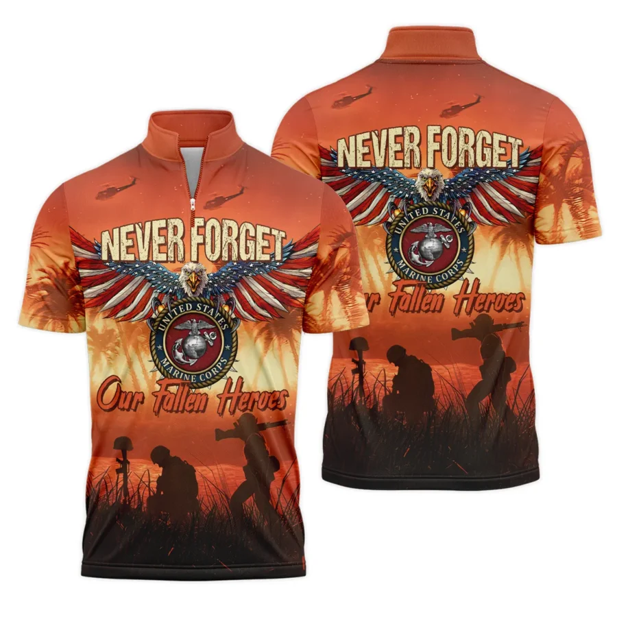 Veteran Never Forget Our Fallen Heroes U.S. Marine Corps Veterans All Over Prints Quarter-Zip Polo Shirt