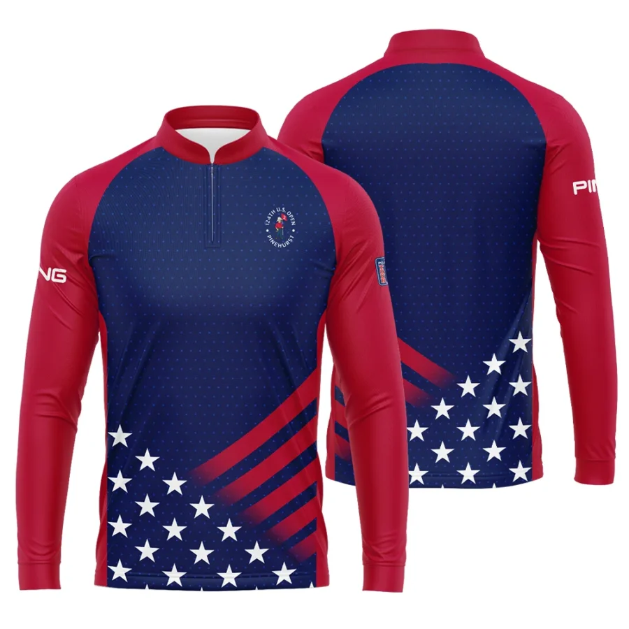 Ping 124th U.S. Open Pinehurst Star White Dark Blue Red Background Mandarin collar Quater-Zip Long Sleeve