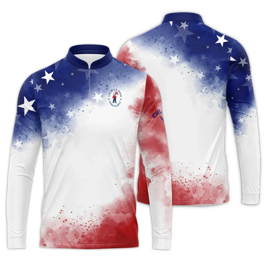 124th U.S. Open Pinehurst Callaway Blue Red Watercolor Star White Backgound Mandarin collar Quater-Zip Long Sleeve