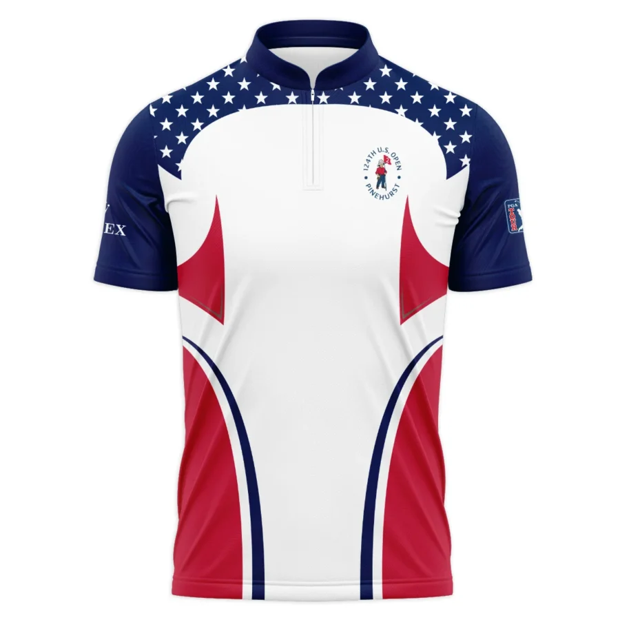 124th U.S. Open Pinehurst Rolex Stars White Dark Blue Red Line Polo Shirt Mandarin Collar Polo Shirt