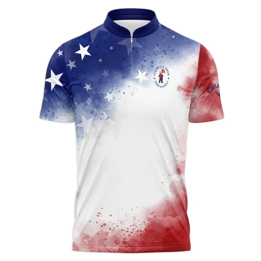 124th U.S. Open Pinehurst Callaway Blue Red Watercolor Star White Backgound Polo Shirt Mandarin Collar Polo Shirt