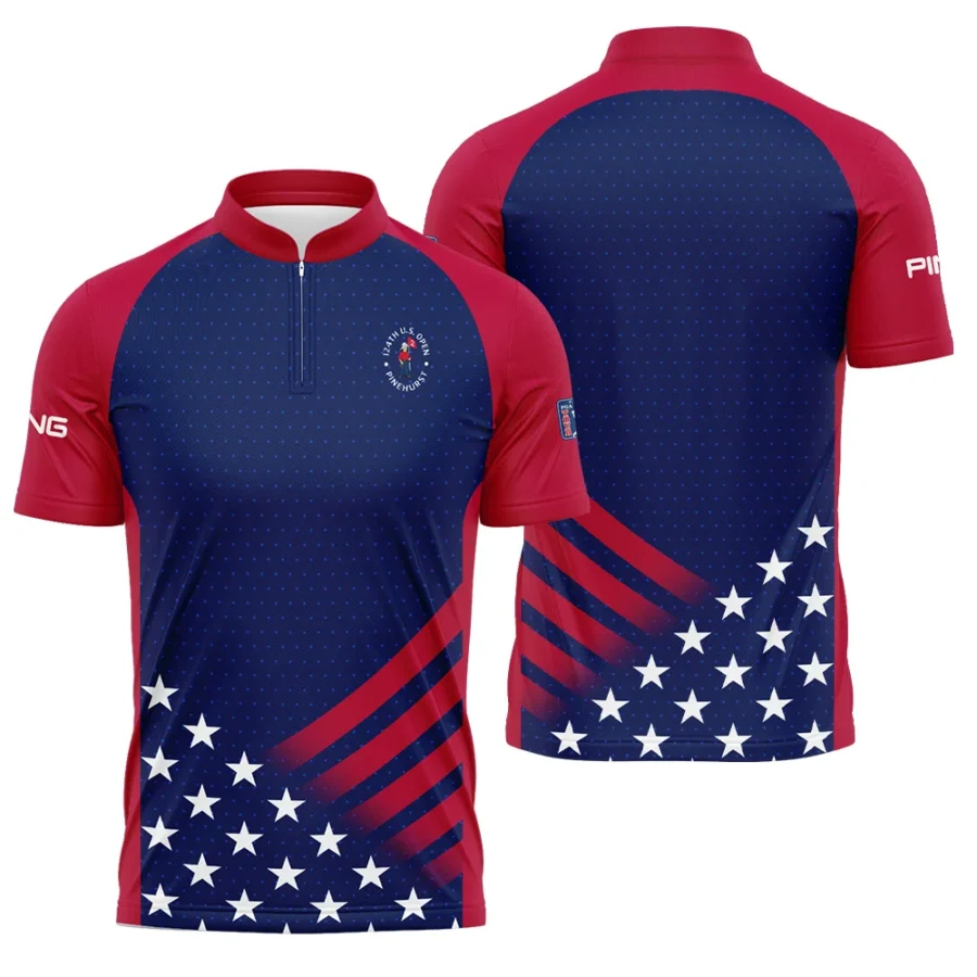 Ping 124th U.S. Open Pinehurst Star White Dark Blue Red Background Polo Shirt Mandarin Collar Polo Shirt