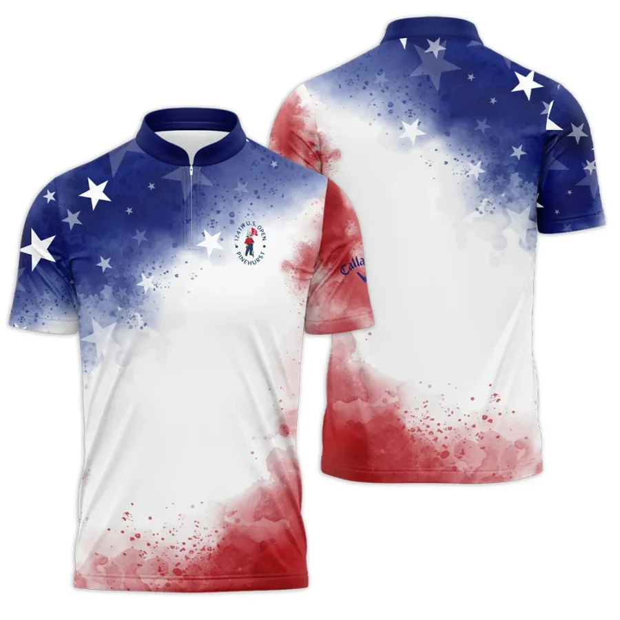 124th U.S. Open Pinehurst Callaway Blue Red Watercolor Star White Backgound Polo Shirt Mandarin Collar Polo Shirt