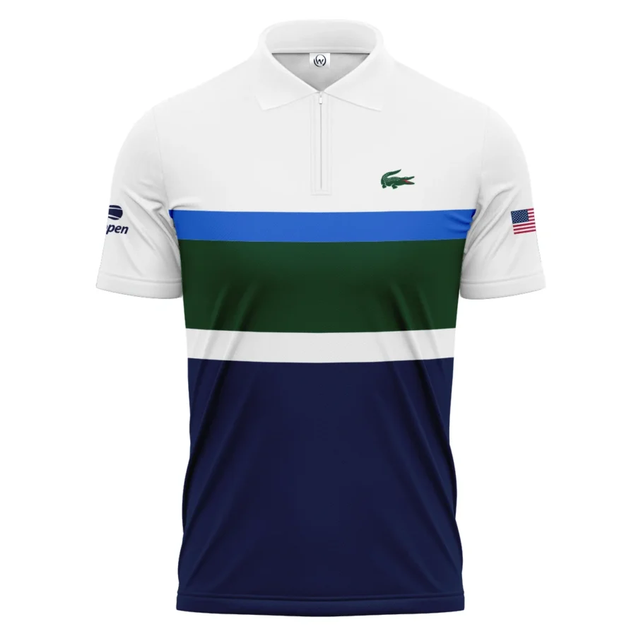 Lacoste US Open Tennis Green Blue White Pattern Zipper Polo Shirt Style Classic