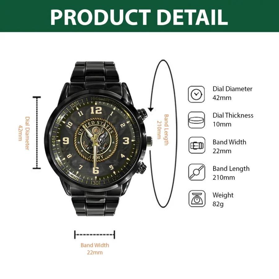 U.S. Army Logo Black Stainless Steel Watch Gift For Soldiers