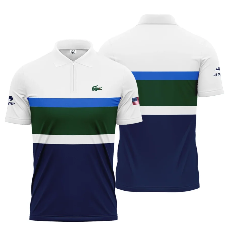 Lacoste US Open Tennis Green Blue White Pattern Zipper Polo Shirt Style Classic