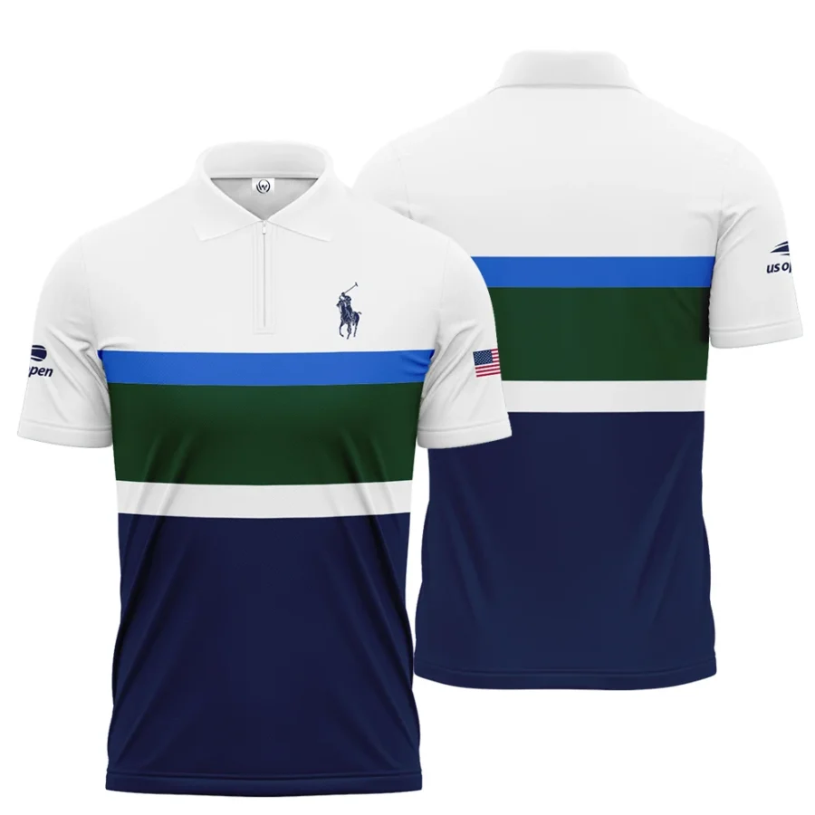 Ralph Lauren US Open Tennis Green Blue White Pattern Zipper Polo Shirt Style Classic