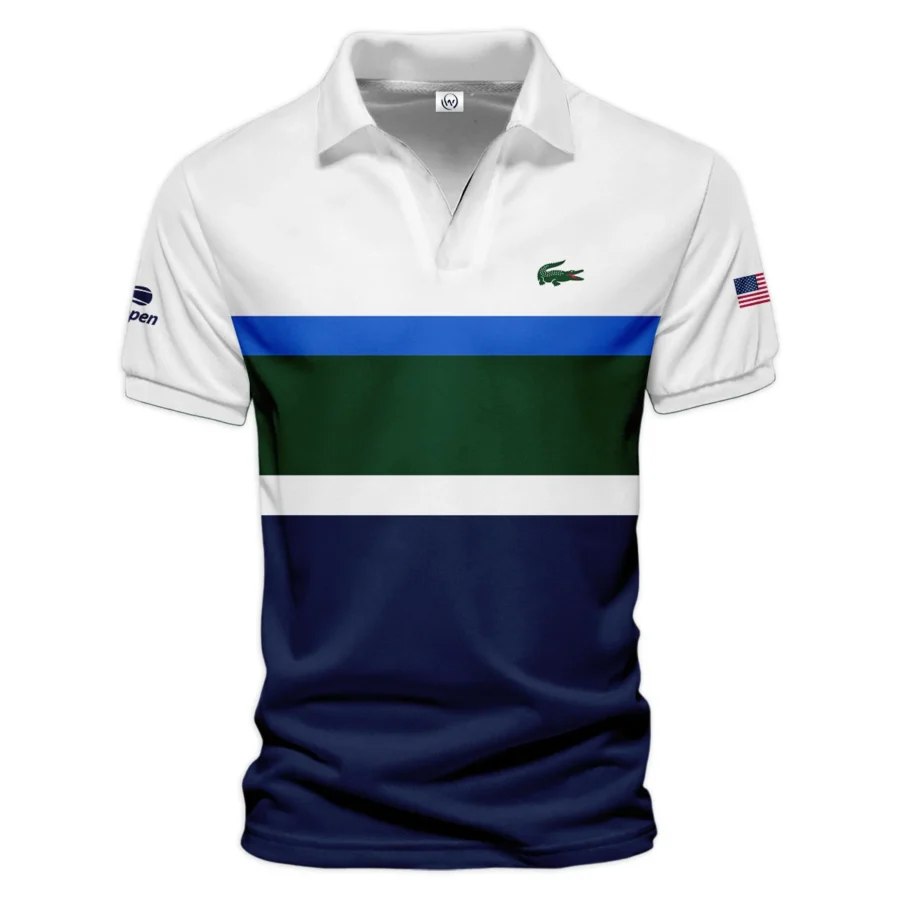 Lacoste US Open Tennis Green Blue White Pattern Vneck Polo Shirt Style Classic