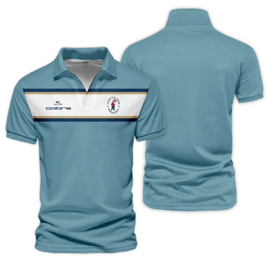 124th U.S. Open Pinehurst Golf Sport Mostly Desaturated Dark Blue Yellow Cobra Golf Vneck Polo Shirt Style Classic