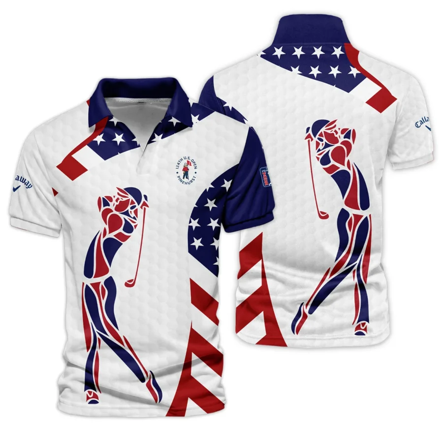 124th U.S. Open Pinehurst Callaway Blue Red Golf Pattern White Flag Vneck Polo Shirt Style Classic