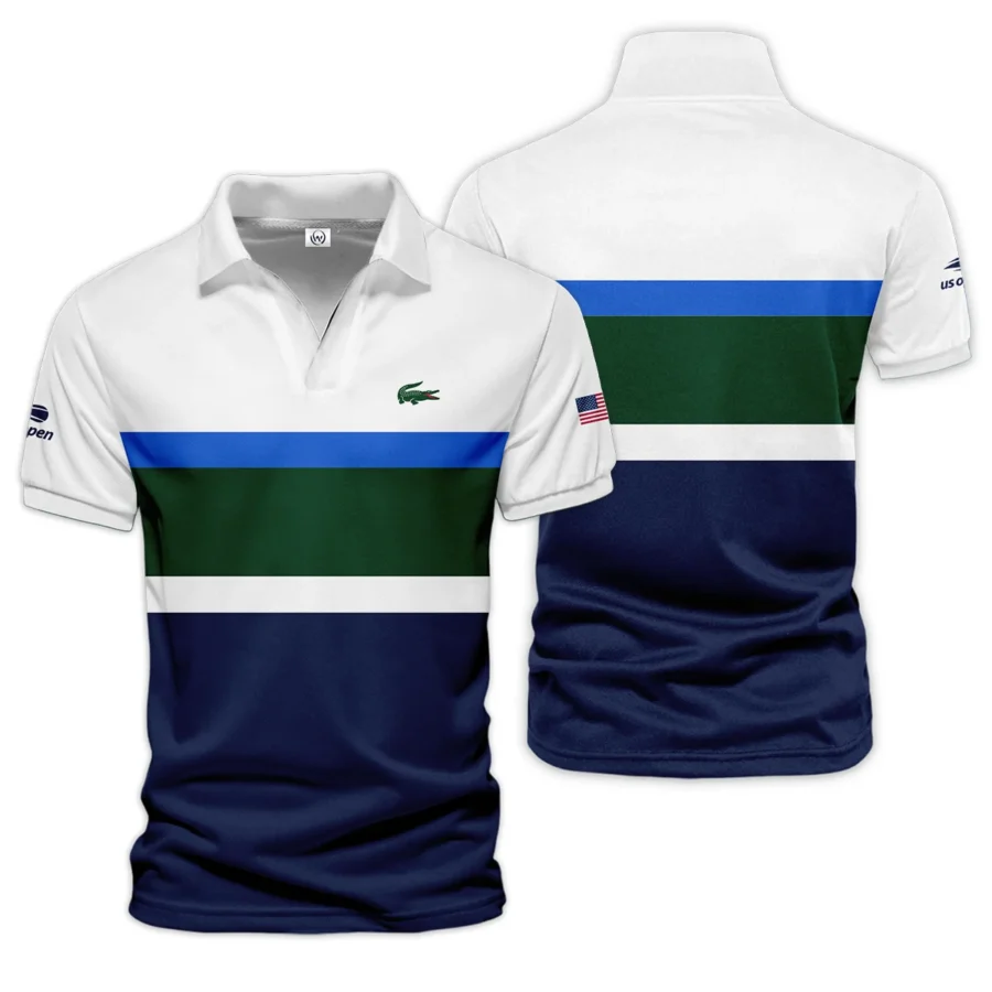 Lacoste US Open Tennis Green Blue White Pattern Vneck Polo Shirt Style Classic