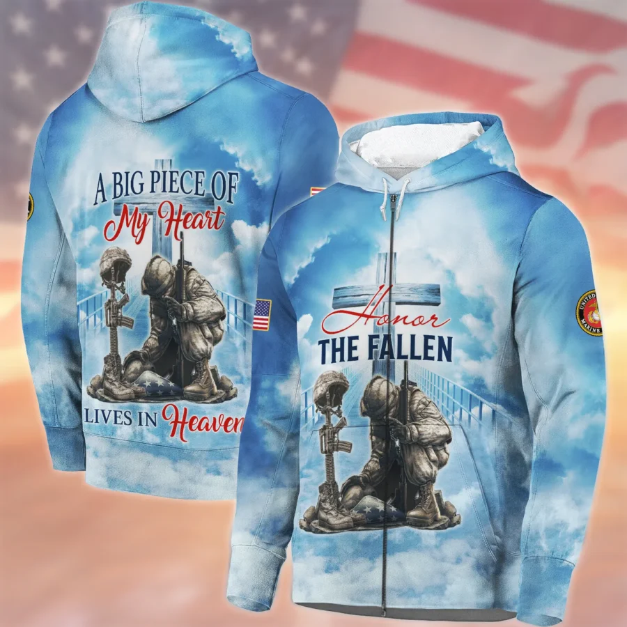 Honor The Fallen Veteran A Big Piece Of My Heart Lives In Heaven U.S. Marine Corps All Over Prints Zipper Hoodie