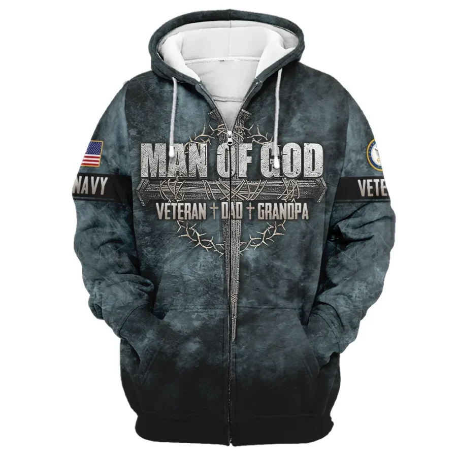 Veteran Dad Grandpa Man Of God Honor The Fallen U.S. Navy All Over Prints Zipper Hoodie