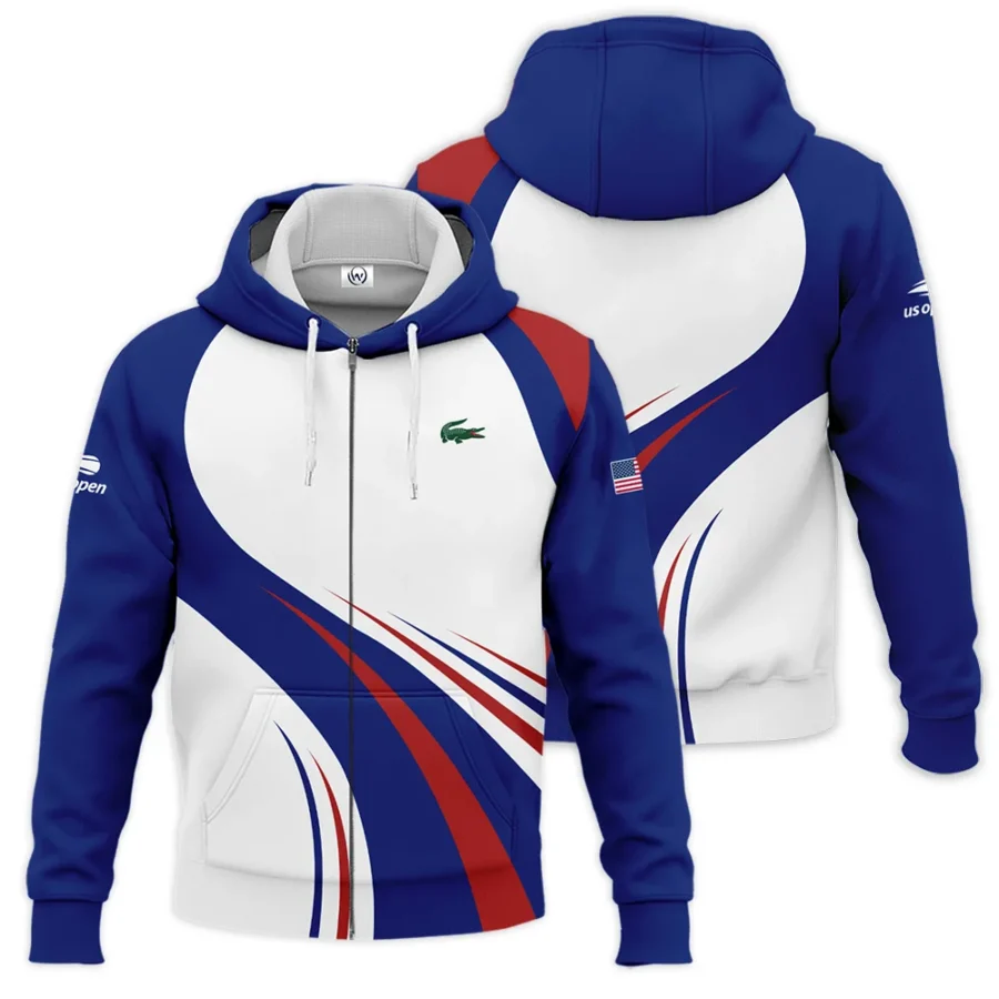 Lacoste US Open Tennis Blue Red Line White Zipper Hoodie Shirt Style Classic