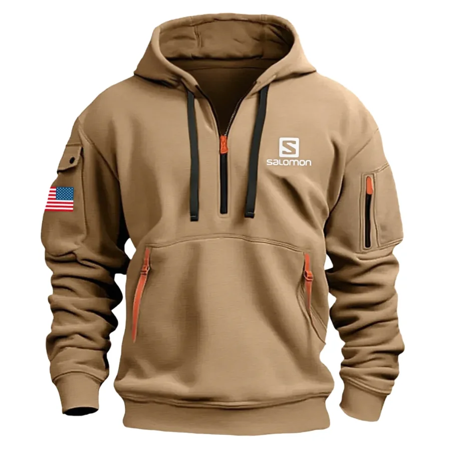 Classic Fashion Salomon Camping Color Khaki Hoodie Half Zipper