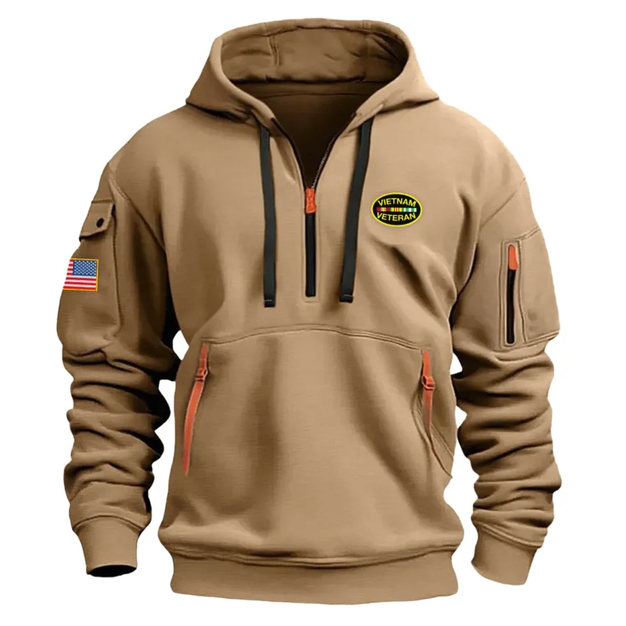 Classic Fashion U.S. Vietnam Veteran Color Khaki Hoodie Half Zipper