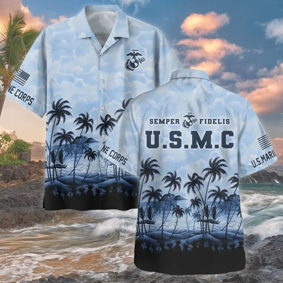 Hawaii Style Palm Tree U.S. Marine Corps Oversized Hawaiian Shirt All Over Prints Gift Loves